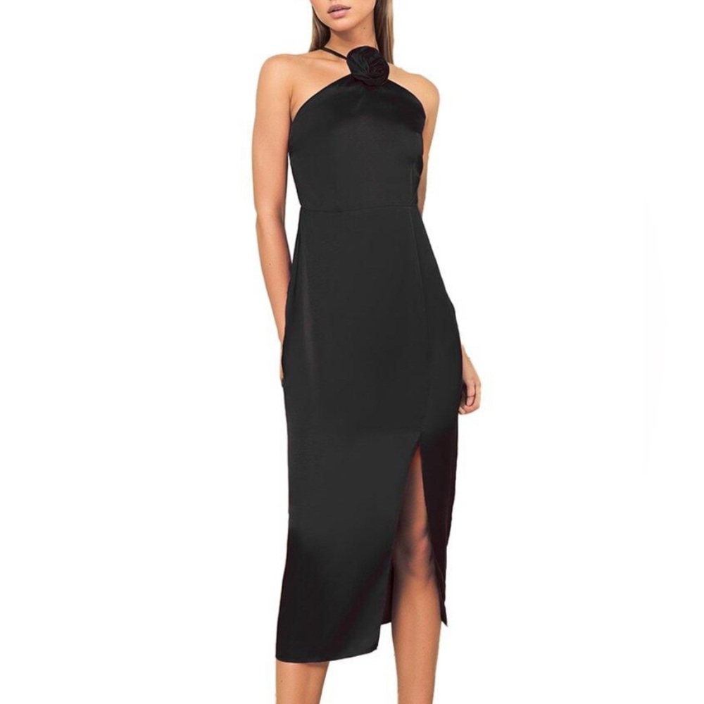 Yumi Kim Honey Dress in Black Satin with Detachable Rosette